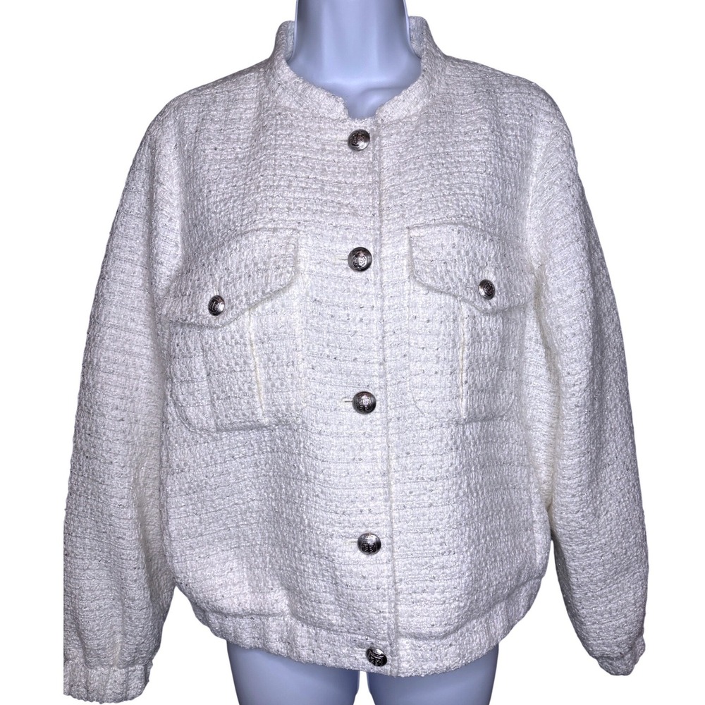 Talbots Womens Ivory Tweed Bomber Jacket Sz L Shimmery Parisian Quiet Luxury